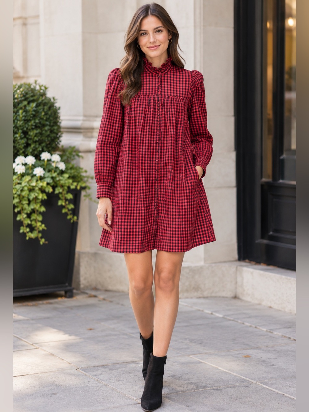 H&M Long Sleeve Checkered Gingham Print Mini Dress
